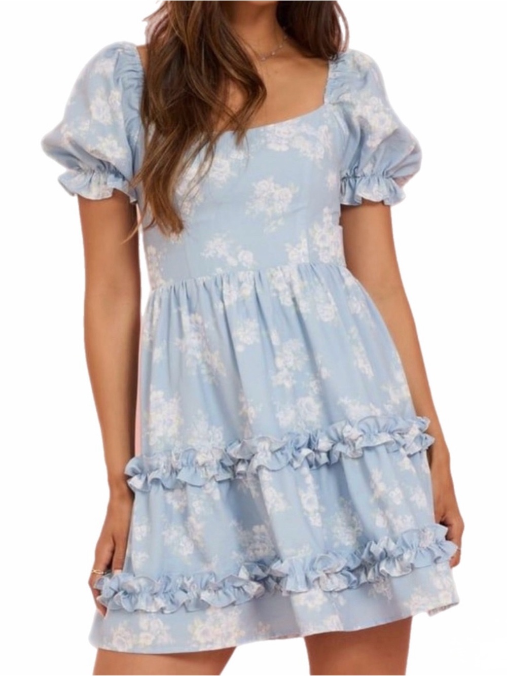 Altar’d State Light Blue Floral Short Sleeve Ruffle Mini Dress Size Medium